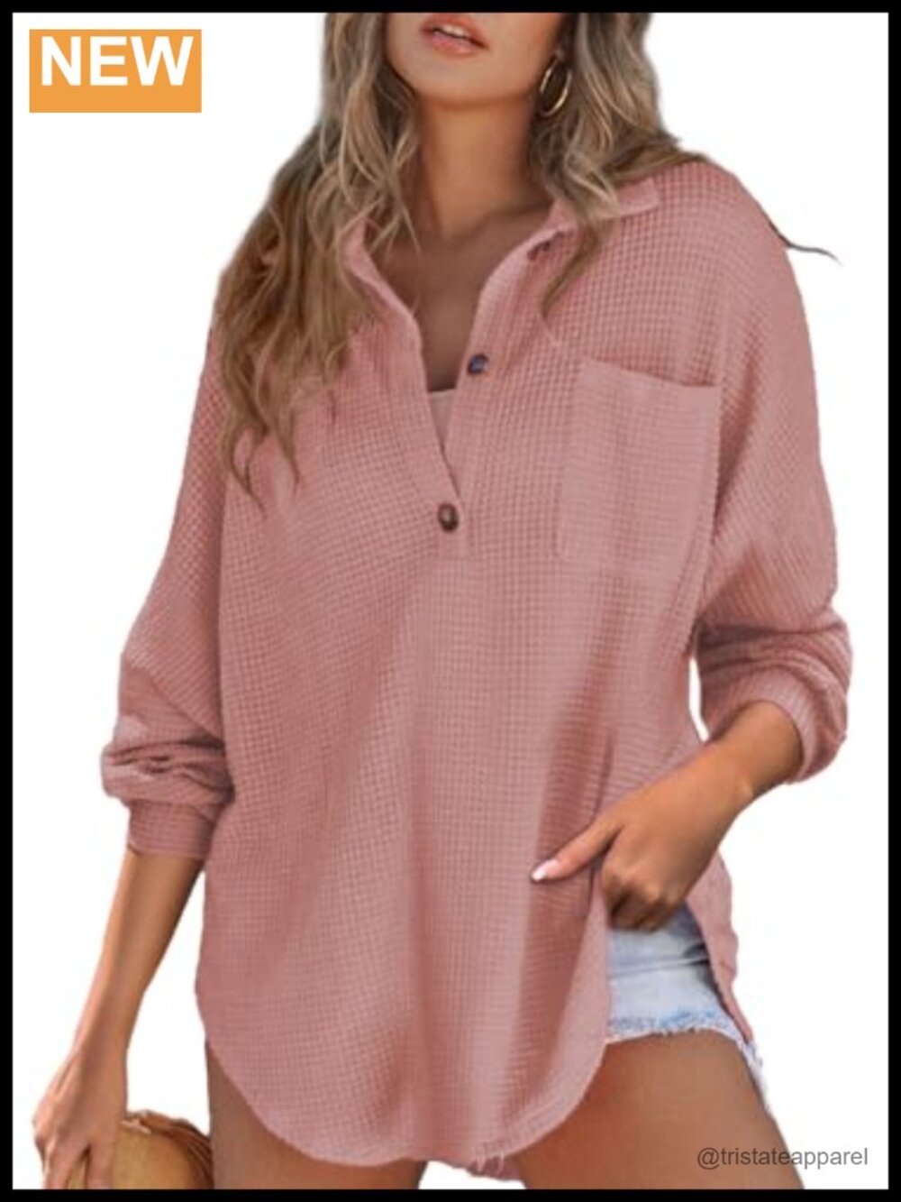 Women Waffle Knit Henley Top Long Sleeve Blouse